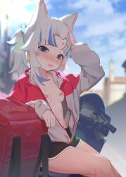 Rule 34 | 1girl, ahedtra, animal ears, areola slip, bandaid, bandaids on nipples, blue eyes, blue hair, blurry, blurry background, blush, breasts, cat ears, gawr gura, grey hair, hair ornament, highres, hololive, hololive english, jacket, looking at viewer, multicolored hair, on motorcycle, open clothes, open jacket, open mouth, pasties, ponytail, shorts, sidelocks, small breasts, smile, solo, streaked hair, thighs, virtual youtuber