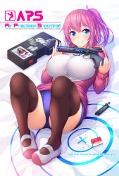 Rule 34 | 1girl, 2019, artist name, bed sheet, blue buruma, blue eyes, blush, box, breasts, brown thighhighs, buruma, cameltoe, closed mouth, colored eyelashes, commentary request, covered erect nipples, full body, gun, highres, holding, holding gun, holding weapon, jacket, knees up, large breasts, long hair, long sleeves, looking at viewer, lying, on back, on bed, ooyama kina, open clothes, open jacket, original, pink eyes, pink jacket, ponytail, shirt, shoes, smile, solo, tareme, thighhighs, twitter username, uwabaki, weapon, weapon request, white footwear, white shirt