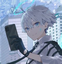 Rule 34 | 1boy, ahoge, black gloves, black necktie, blue eyes, building, cellphone, closed mouth, cropped, facial mark, gloves, grey hair, hair between eyes, halo, highres, hinayuri, holding, holding phone, male focus, necktie, original, outdoors, phone, smile, solo, wings