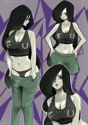 Rule 34 | 1girl, black hair, black lips, black panties, breasts, cleavage, collarbone, commentary, crop top, english commentary, green eyes, green pants, grey background, hand on own hip, highres, kim possible (series), large breasts, long hair, midriff, mole, mole on neck, multiple views, navel, panties, pants, parted lips, print panties, purple background, shego, standing, two-tone background, underwear, undressing, very long hair, vialnite