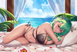 Rule 34 | 1girl, antlers, bed, bikini, black bikini, blue sky, branch, breasts, ceres fauna, cloud, curtains, ear piercing, exlic, flower, full body, green hair, hair flower, hair ornament, hibiscus, hololive, hololive english, horns, large breasts, long hair, looking at viewer, lying, navel, on bed, on side, parted lips, petals, piercing, pillow, red flower, single thighhigh, sky, solo, stomach, swimsuit, thighhighs, virtual youtuber, wavy hair, wet, white flower, yellow eyes
