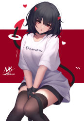 Rule 34 | 1girl, artist name, between legs, black-haired demon girl (shimmer), black choker, black hair, black shorts, brown thighhighs, choker, clothes writing, collarbone, demon girl, demon horns, demon tail, english text, feet out of frame, hair between eyes, hand between legs, head tilt, heart, highres, horns, knees together feet apart, looking at viewer, original, parted lips, red background, red eyes, shimmer, shirt, short shorts, short sleeves, shorts, signature, solo, tail, thighhighs, two-tone background, white background, white shirt, wide sleeves