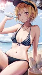 Rule 34 | 1girl, absurdres, arm support, bare arms, bare shoulders, beach, bikini, black bikini, black hat, blonde hair, blue bikini, blue sky, blush, bottle, breasts, cloud, day, electric fan, front-tie top, hat, highres, holding, holding bottle, idolmaster, idolmaster shiny colors, jewelry, looking at viewer, masuku (saint mask), navel, necklace, ocean, parted lips, purple eyes, ramune, saijo juri, sand, short hair, sitting, sky, small breasts, solo, stomach, sunlight, swimsuit, thighs, two-tone bikini, visor cap, water, water bottle, wet