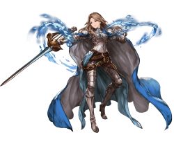 Rule 34 | 1girl, armor, belt, belt buckle, boobplate, boots, breastplate, breasts, brown eyes, brown hair, buckle, cape, full body, gauntlets, gloves, granblue fantasy, grey footwear, holding, holding weapon, katalina (granblue fantasy), knee boots, long hair, looking at viewer, minaba hideo, official art, pauldrons, ribbon, sheath, shoulder armor, shoulder pads, solo, standing, sword, transparent background, weapon