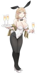 Rule 34 | 1girl, absurdres, animal ears, black pantyhose, bow, bowtie, breasts, brown shawl, champagne flute, closed eyes, cup, detached collar, drinking glass, fake animal ears, full body, grin, hair ornament, hair over shoulder, hairclip, high heels, highres, k0ng, large breasts, leaning forward, leotard, light brown hair, medium hair, original, pantyhose, playboy bunny, rabbit ears, rabbit tail, shawl, simple background, smile, solo, strapless, strapless leotard, tail, tray, white background, white footwear, white leotard, wrist cuffs