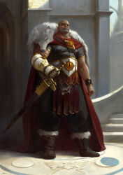 Rule 34 | 1boy, absurdres, armor, baggy pants, bald, beard stubble, black legion, boots, bracelet, cape, chainmail, cleft chin, commentary, english commentary, facial hair, frown, fur trim, gauntlets, highres, holding, holding sword, holding weapon, horus lupercal, imperial aquila, jewelry, leather, leather boots, male focus, marble (stone), muscular, muscular male, official art, oruam, outdoors, pants, pelt, pelvic curtain, photoshop (medium), primarch, red cape, scabbard, sheath, single gauntlet, sky, solo, stairs, stubble, sword, thick eyebrows, wall, warhammer 40k, weapon, white armor, wings