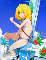 Rule 34 | 1girl, :q, bikini, blonde hair, blue bikini, blue eyes, goggles, goggles around neck, haseneko, looking at viewer, original, rocket launcher, shoes, short hair, sitting, sneakers, socks, solo, striped, swimsuit, thumbs up, tongue, tongue out, weapon