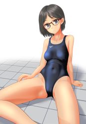 Rule 34 | 1girl, absurdres, black-framed eyewear, black eyes, black hair, black one-piece swimsuit, breasts, clothes writing, collarbone, commentary request, cowboy shot, glasses, highres, looking at viewer, medium breasts, one-piece swimsuit, original, parted lips, short hair, simple background, sitting, solo, speedo (company), swimsuit, takafumi, tile floor, tiles, white background