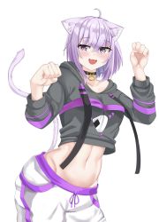 Rule 34 | 1girl, :3, :d, ahoge, animal collar, animal ear fluff, animal ears, baggy pants, black collar, black hoodie, blush, breasts, cat ears, cat girl, cat tail, clenched hands, collar, collarbone, commentary request, cowboy shot, crop top, crossed bangs, drawstring, fang, food, groin, hair between eyes, highres, hololive, hood, hood down, hoodie, long sleeves, looking at viewer, medium breasts, midriff, navel, nekomata okayu, nekomata okayu (1st costume), onigiri, onigiri print, open mouth, pants, paw pose, purple eyes, purple hair, shinonome halltro, short hair, sidelocks, simple background, smile, solo, standing, sweatpants, tail, virtual youtuber, white background, white pants