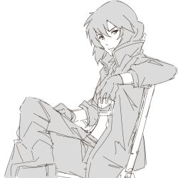 Rule 34 | boots, closed mouth, copyright request, crossed legs, cup, drinking glass, gloves, greyscale, hair between eyes, holding, holding cup, jacket, kuro kosyou, long sleeves, looking at viewer, monochrome, open clothes, open jacket, pants, shoe soles, simple background, sitting, sketch, white background