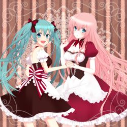 Rule 34 | 2girls, :d, aqua eyes, aqua hair, bow, corset, dress, hair bow, holding hands, hatsune miku, highres, interlocked fingers, long hair, looking back, megurine luka, multiple girls, nail polish, open mouth, pink hair, smile, striped, striped background, twintails, vertical stripes, very long hair, vocaloid, yunca