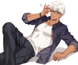 Rule 34 | 1boy, adjusting eyewear, archer (fate), archer (summer casual) (fate), black-framed eyewear, black pants, bracelet, brown eyes, collared jacket, crossed legs, dark-skinned male, dark skin, fate/grand order, fate (series), feet out of frame, jacket, jewelry, male focus, okii (oh ki ik), one eye closed, open clothes, open jacket, pants, pectorals, sitting, smile, solo, tank top, toned, toned male, white background, white hair, white tank top