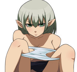 Rule 34 | 1girl, angry, blush, green eyes, green hair, highres, matching hair/eyes, panties, panty pull, pointy ears, pu-chin, short hair, skirt, solo, topless, underwear