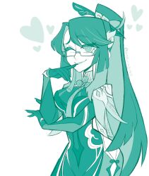 Rule 34 | 1girl, banilla, bodysuit, breasts, capelet, cartoonized, commentary, english commentary, genshin impact, glasses, gloves, green theme, hair ornament, hair stick, heart, highres, hip vent, instagram username, long hair, looking at viewer, medium breasts, monochrome, one eye closed, pointing, pointing at viewer, ponytail, procreate (medium), smile, solo, toon (style), very long hair, xianyun (genshin impact)