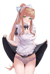 Rule 34 | 1girl, absurdres, alternate costume, apron, black bow, black bowtie, black dress, blush, bow, bowtie, breasts, cleavage, clothes lift, doki doki literature club, dress, dress lift, enmaided, fingernails, frilled apron, frills, gluteal fold, green eyes, highres, large breasts, looking at viewer, maid, maid apron, maid headdress, monika (doki doki literature club), nail polish, orange hair, panties, pink panties, ponytail, puffy short sleeves, puffy sleeves, short sleeves, sidelocks, simple background, smile, solo, thigh gap, underwear, white apron, white background, yami (rear4742)