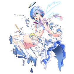 Rule 34 | 1girl, blue hair, boots, dennou tenshi djibril, detached wings, full body, green eyes, halo, kuuchuu yousai, official art, open mouth, short hair, solo, sword, thigh boots, thighhighs, torn clothes, transparent background, weapon, white footwear, white wings, wings