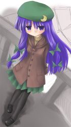 Rule 34 | 1girl, bad id, bad pixiv id, casual, coat, contemporary, female focus, full body, hair ribbon, hat, long hair, pantyhose, patchouli knowledge, purple eyes, purple hair, ribbon, sidorov, solo, standing, touhou