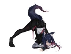 Rule 34 | 1girl, absurdres, animal ear fluff, animal ears, arknights, arm rest, ass, black hair, black pantyhose, fingerless gloves, flexible, fukuro eito, full body, gloves, hands on ground, highres, jack-o&#039; challenge, jacket, long hair, meme, multicolored hair, pantyhose, red hair, simple background, solo, spread legs, streaked hair, stretching, tail, texas (arknights), top-down bottom-up, white background, white jacket, wide spread legs, wolf ears, wolf girl, wolf tail, yellow eyes