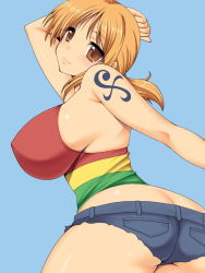 Rule 34 | ass, blush, breasts, brown eyes, butt crack, covered erect nipples, huge breasts, nami (one piece), naru (kuma), one piece, sideboob, tattoo