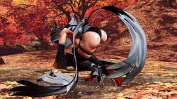 Rule 34 | 1girl, 3d, apron, ass, black hair, black leotard, breasts, butterfly swords, curvy, forest, highleg, highleg leotard, highres, holding, holding weapon, huge ass, iroha (samurai spirits), large breasts, leotard, lips, looking to the side, maid, maid headdress, nature, ryona, samurai spirits, screencap, shiny skin, short hair, skindentation, solo, thighhighs, third-party edit, thong leotard, weapon, wide hips