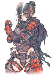 Rule 34 | 1girl, absurdres, apex legends, black hair, black scarf, boots, breasts, cosplay, eyeshadow, gloves, grey leotard, hair behind ear, hair bun, highres, kanzumesabako, leotard, looking down, looking to the side, makeup, medium breasts, open hand, pilot (titanfall 2), red eyeshadow, red gloves, scarf, simple background, single hair bun, solo, thigh boots, thigh strap, thighhighs, titanfall (series), titanfall 2, visor, white background, wraith (apex legends)