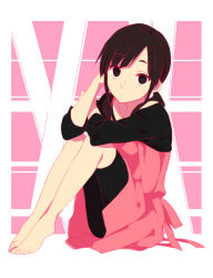 Rule 34 | 1girl, arm behind head, asahina hiyori, barefoot, black eyes, black hair, black legwear, closed mouth, dress, from side, full body, kagerou project, knees up, legs together, looking at viewer, pink dress, sekina, sitting, solo