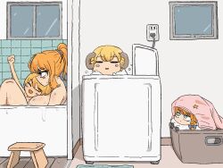 Rule 34 | 1boy, 4girls, :d, animated, animated gif, bathtub, blanket, blinking, blonde hair, blue bow, blush, blush stickers, bow, breasts, clenched hand, closed eyes, closed mouth, commentary request, cookie (touhou), dual persona, expressionless, genderswap, genderswap (ftm), hair bow, hakurei reimu, high ponytail, human head, indoors, kirisame marisa, kyuuden, large breasts, laundry basket, long hair, looking at another, looping animation, mars (cookie), medium bangs, multiple girls, open mouth, plug, red bow, rei (cookie), sananana (cookie), shared bathing, sheep, short hair, smile, soap bubbles, spinning, stool, suzu (cookie), touhou, trap, upper body, washing machine, window