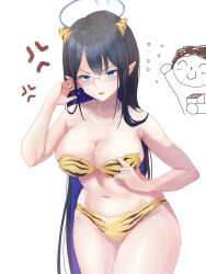Rule 34 | 1boy, 1girl, anger vein, black hair, blue archive, blue eyes, blue hair, blue halo, blush, breasts, cleavage, collarbone, colored inner hair, doodle sensei (blue archive), fake horns, glasses, groin, halo, highres, horns, komena (shinyday312), large breasts, long hair, multicolored hair, navel, open mouth, pointy ears, rin (blue archive), sensei (blue archive), setsubun, simple background, white background