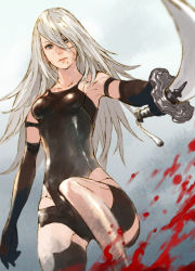 Rule 34 | 1girl, android, armpits, blood, blood splatter, blue eyes, breasts, collarbone, dirty, dirty face, elbow gloves, eyelashes, gloves, hair between eyes, highres, holding, holding sword, holding weapon, katana, lips, long hair, makimura shunsuke, mole, mole under mouth, nier (series), nier:automata, shorts, simple background, solo, sword, tank top, torn clothes, weapon, white hair, a2 (nier:automata)