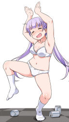 Rule 34 | 10s, 1girl, alcohol, beer, beer can, blush, bra, can, closed eyes, drink can, drunk, hair ornament, highres, long hair, navel, new game!, open mouth, panties, purple hair, smile, socks, solo, suzukaze aoba, twintails, underwear, underwear only, youkan