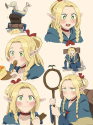 Rule 34 | 1girl, absurdres, blonde hair, blush, braid, bright pupils, brown background, capelet, choker, closed mouth, dungeon meshi, eating, elf, food, green capelet, green eyes, green robe, hair over shoulder, highres, holding, holding spoon, holding staff, long hair, marcille breakdance (meme), marcille donato, meme, multiple views, open mouth, pointy ears, red choker, robe, simple background, smile, spoon, staff, textless version, tonkotsu frappuccino, twin braids, variant set, white pupils