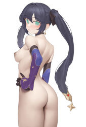 Rule 34 | 1girl, ass, bare back, bare shoulders, black gloves, bow, breasts, choker, earrings, genshin impact, gloves, green eyes, hair bow, hair ornament, hand on own hip, jewelry, long sleeves, mona (genshin impact), ni (221), nipples, nude, purple hair, sideboob, simple background, small breasts, solo, star (symbol), star hair ornament, twintails, white background