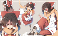 Rule 34 | &gt;:o, 1girl, :o, ascot, bare shoulders, boots, bow, brown hair, detached sleeves, forbidden scrollery, frills, hair bow, hair tubes, hakurei reimu, haraegushi, oonusa, piyokichi, red eyes, scarf, shaded face, solo, touhou, v-shaped eyebrows, wide sleeves