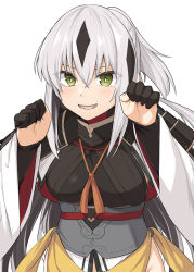 Rule 34 | 1girl, black gloves, black hair, blush, breasts, brown eyes, fate/grand order, fate (series), gloves, grey hair, hair between eyes, japanese clothes, kimono, large breasts, long hair, looking at viewer, multicolored hair, nagao kagetora (fate), open mouth, ponytail, shiseki hirame, simple background, smile, solo, streaked hair, two-tone hair, white background, white kimono