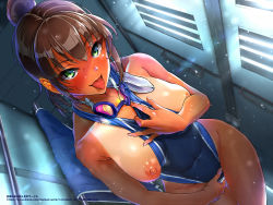 Rule 34 | 1girl, :p, bare arms, bare shoulders, between breasts, blue one-piece swimsuit, blush, breasts, brown hair, collarbone, commentary request, competition swimsuit, covered navel, dutch angle, from above, goggles, goggles around neck, green eyes, groin, hand on own chest, highres, in locker, kilesha, large breasts, light, long hair, looking at viewer, looking up, nipple slip, nipples, one-piece swimsuit, one-piece tan, original, ponytail, solo, sparkle, swimming goggles, swimsuit, tan, tanline, thigh gap, tongue, tongue out, towel, translation request, wet, wet clothes, wet swimsuit