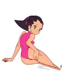Rule 34 | 1girl, 34no404, ass, bottle, breasts, brown hair, covered erect nipples, dimples of venus, earrings, from behind, green eyes, hair slicked back, hairband, highres, jewelry, lotion bottle, lying, mega man (series), mega man legends (series), on side, one-piece swimsuit, pink hairband, pink one-piece swimsuit, short hair, simple background, small breasts, solo, swimsuit, tron bonne (mega man), white background