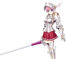 Rule 34 | 10s, 1girl, armor, black thighhighs, blue eyes, gauntlets, helmet, holding, holding weapon, kisaki mio, pauldrons, pink hair, pleated skirt, polearm, red skirt, short hair, shoulder armor, simple background, skirt, solo, spear, thighhighs, transparent background, walkure romanze, weapon