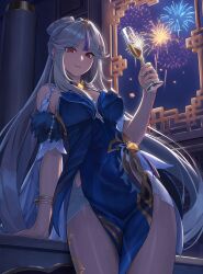 Rule 34 | 1girl, absurdres, bare shoulders, blue dress, blush, bracelet, breasts, cleavage, cup, dress, drinking glass, fireworks, genshin impact, hair ornament, highres, jewelry, large breasts, long hair, looking at viewer, night, night sky, ningguang (genshin impact), ningguang (orchid&#039;s evening gown) (genshin impact), official alternate costume, parted bangs, pelvic curtain, red eyes, sidelocks, sky, smile, solo, takinashi (friend coffee), tassel, thighs, vision (genshin impact), white hair