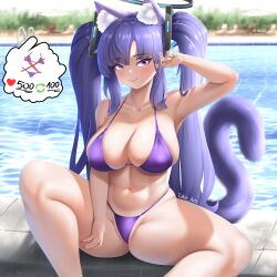 Rule 34 | 1girl, absurdres, animal ear fluff, animal ears, armpits, bikini, blue archive, breasts, cat ears, cat girl, cat tail, cleavage, hair ornament, highres, kemonomimi mode, large breasts, long hair, pool, poolside, purple eyes, purple hair, simple background, smile, spread legs, strip game, swimsuit, tail, takie arts, thick thighs, thighs, twintails, very long hair, wet, yuuka (blue archive)