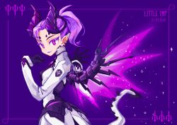 Rule 34 | 1girl, armor, bodysuit, breasts, commentary, dark persona, demon horns, ear piercing, english commentary, faulds, highres, horns, imp mercy, lipstick, looking at viewer, makeup, mechanical wings, mercy (overwatch), official alternate costume, overwatch, overwatch 1, piercing, purple eyes, purple hair, purple lips, purple wings, rye-beer, short ponytail, small breasts, solo, wings
