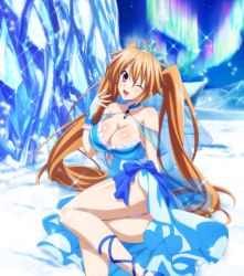 Rule 34 | 1girl, absurdres, breasts, cleavage, high school dxd, highres, large breasts, long hair, looking at viewer, official art, one eye closed, orange hair, purple eyes, shidou irina, smile, twintails