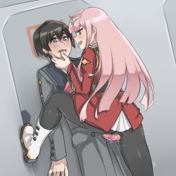 Rule 34 | 10s, 1boy, 1girl, :d, aqua eyes, black hair, black pantyhose, blush, boots, cameltoe, censored, clothed sex, darling in the franxx, face grab, femdom, foot kabedon, grinding, hair between eyes, hiro (darling in the franxx), horns, kabedon, long hair, maji-pan, military, military uniform, open mouth, pantyhose, penis, pink hair, precum, saliva, saliva trail, smile, standing, standing on one leg, tongue, tongue out, uniform, zero two (darling in the franxx)