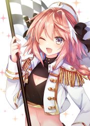 Rule 34 | 1boy, astolfo (fate), astolfo (type-moon racing) (fate), black bow, bow, braid, checkered flag, cleavage cutout, clothing cutout, commentary, crop top, epaulettes, fang, fate/apocrypha, fate (series), flag, gomano rio, hair bow, hair intakes, hand on own hip, hat, highres, holding, jacket, long hair, male focus, midriff, multicolored hair, navel, official alternate costume, one eye closed, open mouth, pink hair, purple eyes, race queen, single braid, smile, solo, sparkle, streaked hair, trap, white background, wink