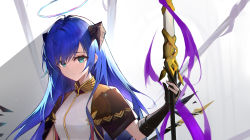 Rule 34 | 1girl, aqua eyes, arknights, black gloves, black wings, blue hair, brown capelet, capelet, closed mouth, cticket, detached wings, elbow gloves, gloves, halo, holding, holding staff, horns, lens flare, long hair, looking at viewer, mostima (arknights), mostima (spellbreaker) (arknights), official alternate costume, partially fingerless gloves, shirt, solo, staff, upper body, white shirt, wings