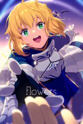 Rule 34 | 1girl, ahoge, armor, armored dress, artoria pendragon (all), artoria pendragon (fate), blonde hair, blue dress, blue ribbon, blush, breastplate, commentary request, dress, echo (circa), english text, fate/grand order, fate/stay night, fate (series), gauntlets, green eyes, hair ribbon, juliet sleeves, long sleeves, looking at viewer, open mouth, plackart, puffy sleeves, reaching, reaching towards viewer, ribbon, saber (fate), short hair, smile, teeth, upper teeth only