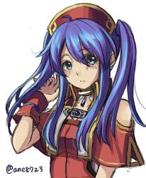 Rule 34 | 1girl, alternate hairstyle, ane-suisei, blue eyes, blue hair, blush, dress, embarrassed, fire emblem, fire emblem: the binding blade, hat, lilina (fire emblem), long hair, nintendo, simple background, solo, twintails