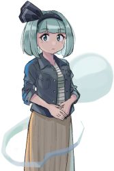 Rule 34 | 1girl, 5alive, alternate costume, black hairband, black jacket, black ribbon, brown skirt, commentary request, contemporary, cowboy shot, green shirt, grey hair, hair ribbon, hairband, jacket, konpaku youmu, konpaku youmu (ghost), looking at viewer, ribbon, shirt, simple background, skirt, sleeves rolled up, solo, striped clothes, striped shirt, touhou, white background