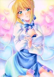 Rule 34 | 1girl, ahoge, artoria pendragon (all), artoria pendragon (fate), blonde hair, blue ribbon, blue skirt, blush, braid, breasts, collared shirt, commentary request, fate/stay night, fate (series), gift, green eyes, hachi78b, hair ribbon, hand on own chest, heart, high-waist skirt, highres, holding, holding gift, long sleeves, looking at viewer, marker (medium), medium breasts, neck ribbon, ribbon, saber (fate), shirt, skirt, smile, solo, traditional media, upper body, valentine, white shirt