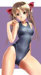 Rule 34 | 1girl, bare shoulders, blush, brown eyes, brown hair, competition swimsuit, cowboy shot, hair ribbon, katahira masashi, long hair, looking at viewer, one-piece swimsuit, original, outside border, ribbon, smile, solo, swimsuit, twintails