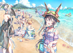 Rule 34 | 1boy, 6+girls, :d, ^ ^, amiya (arknights), animal ears, ansel (arknights), ansel (casual vacation) (arknights), arknights, backless outfit, backless swimsuit, bad id, bad pixiv id, bag, bare arms, bare legs, bare shoulders, beach, beach umbrella, bear ears, black one-piece swimsuit, blonde hair, blue hair, blue ribbon, blue shorts, blue sky, blush, boat, bra strap, breasts, brown hair, ch&#039;en (arknights), ch'en (arknights), closed eyes, cloud, commentary request, cowboy shot, crab, day, dragon horns, dragon tail, dress, ears through headwear, feet out of frame, female tourist c (arknights), flower, from behind, goggles, goggles on headwear, gummy (arknights), gummy (summer flowers) (arknights), hair between eyes, hand on own hip, hat, hat flower, hermit crab, highres, holding hands, holding own tail, horns, ifrit (arknights), ifrit (sunburn) (arknights), innertube, jacket, jewelry, large breasts, large tail, long hair, mini hat, multiple girls, ocean, off-shoulder shirt, off shoulder, official alternate costume, one-piece swimsuit, open mouth, outdoors, pink hair, pink shirt, pointy ears, ponytail, pov, provence (arknights), puffy short sleeves, puffy sleeves, purple hair, rabbit ears, red flower, red hair, ribbon, ring, sand castle, sand sculpture, shining (arknights), shining (silent night) (arknights), shirt, short shorts, short sleeves, shorts, silver hair, sitting, sky, skyfire (arknights), skyfire (temperature difference) (arknights), sleeveless, sleeveless dress, smile, sora (arknights), sora (summer flowers) (arknights), standing, starfish, sun hat, swim ring, swimsuit, tail, thigh strap, thighs, trap, twintails, umbrella, very long hair, vigna (arknights), vigna (casual vacation) (arknights), water, watercraft, white dress, white jacket, wolf ears, wolf tail, yuuki higumo